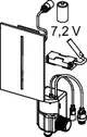 TECE Urinalelektronik mit Anschluss für eine 7,2 V-Batterie, inklusive verschiedenen Leitungen und Verbindungen, dargestellt in einem schematischen Bild.